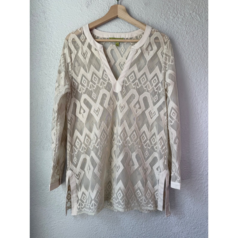 Sigrid Olsen Signature Ivory Embroidered Mesh V-Neck Tunic Blouse Small